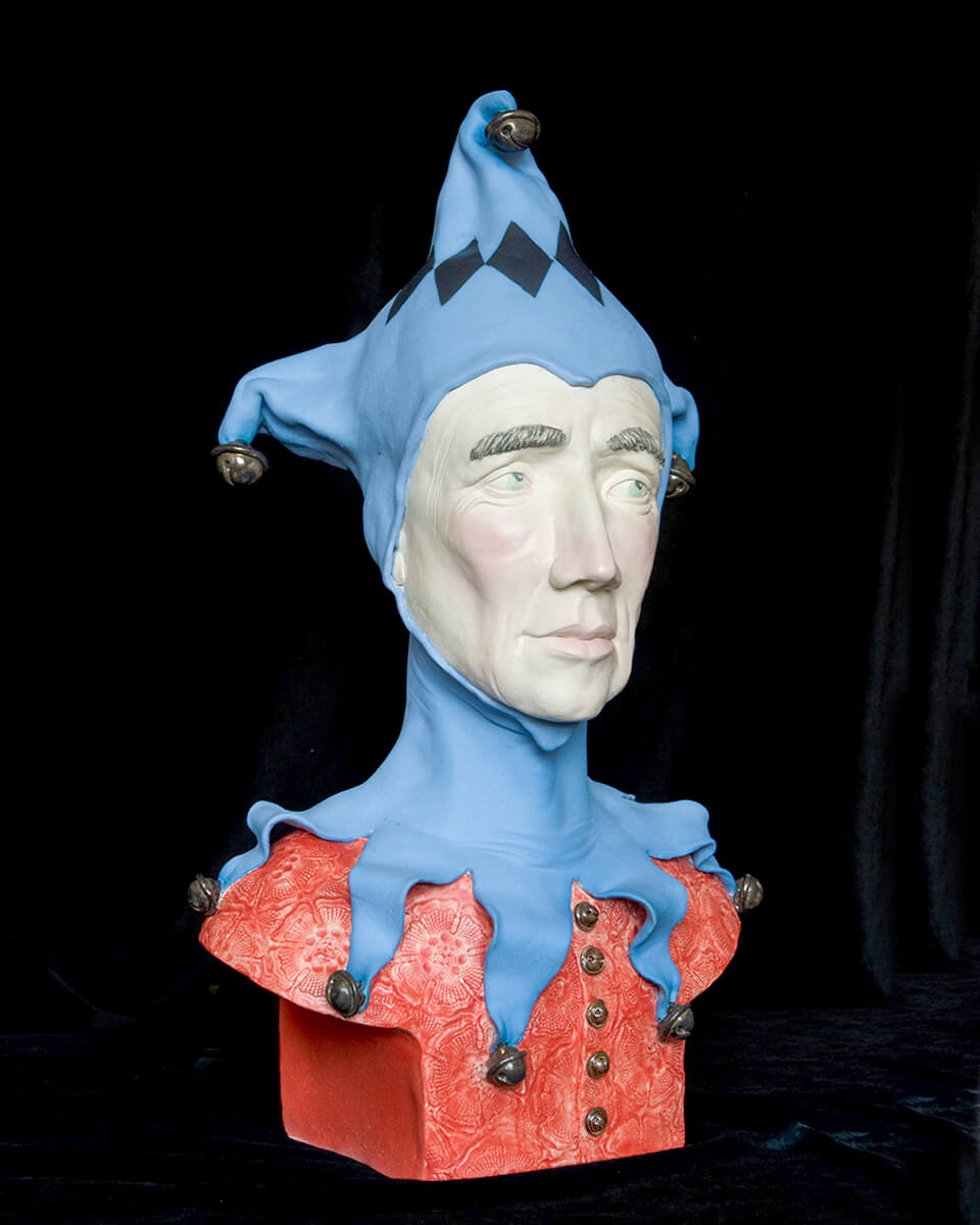 Figurative ceramic sculpture of a Jester called Crispin