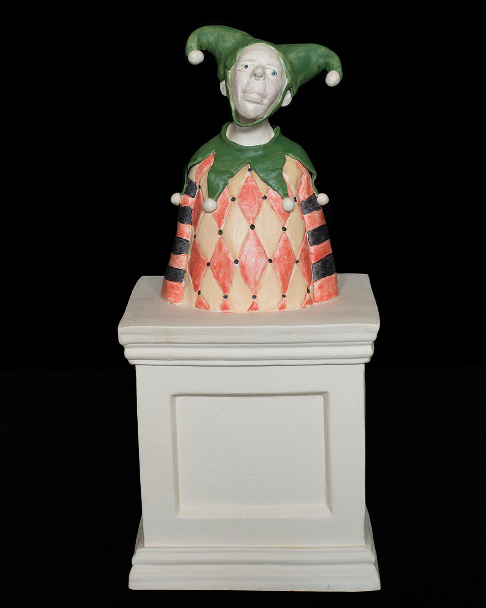 Figurative ceramic sculpture of a Jester called Leo Frick